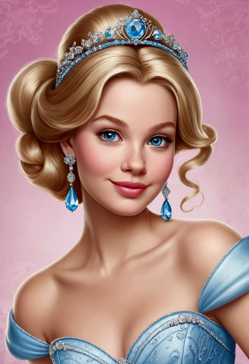 Create a captivating close-up portrait of Cinderella, the beloved Disney Princess, in a playful caricature style. Emphasize her iconic blonde hair, exaggerating its elegant updo with voluminous curls and a sparkling headband. Her large, expressive blue eyes should be even more prominent, twinkling with kindness and grace. Render her skin with a smooth, flawless texture, adding a soft, warm glow and a hint of blush on her cheeks to enhance her charm. Use light, natural makeup with a soft pink tint on her lips, accentuating her radiant beauty. Adorn her hair with oversized accessories, like her signature blue headband, adding to the caricature's whimsical nature. Simplify her iconic blue ball gown, focusing on exaggerated, flowing patterns and textures that hint at its elegance. The background should be kept blank to keep all attention on Cinderella's delightful caricature. This portrait should capture the essence of Cinderella's enchanting and graceful personality in a fun and exaggerated style.