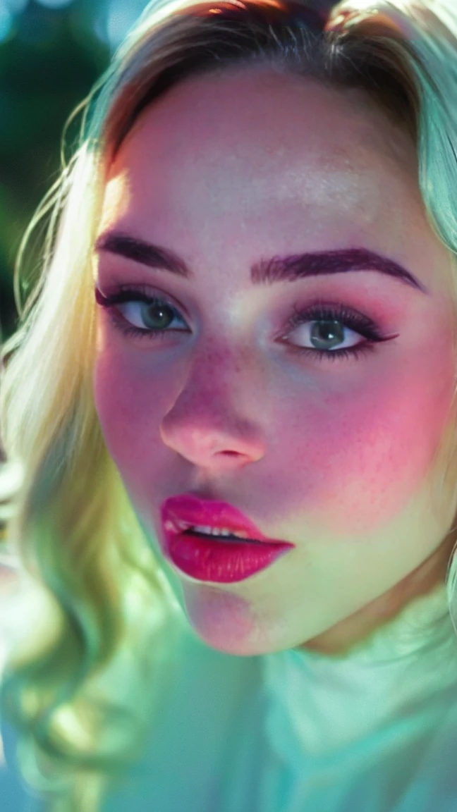 (((ultra realistic))) Photo, Masterpiece, Superior quality, (pale skin), (ultra detailed face and eyes.:1.3), 1 girl, adult, on a t-shirt, whole body, (eye makeup, mask) , ((big detailed lips)), ((ash wavy hair)), ((Chiolka)) , (natural breasts), thin waist. ((posing)), Sesión de Photos, studio (soft lighting), (The game of lights and shadows), depth of field, bokeh, (Special attention to leather details.: 1.2), detailed leather texture, skin pores. (Airy frame environment.. Color range: delicate, bright, White, Pink tones), DR, ((film grain)), ((good heavens)), ((sun glare)), ((portrait from the waist up, close to the camera)) , ultra detialed,
