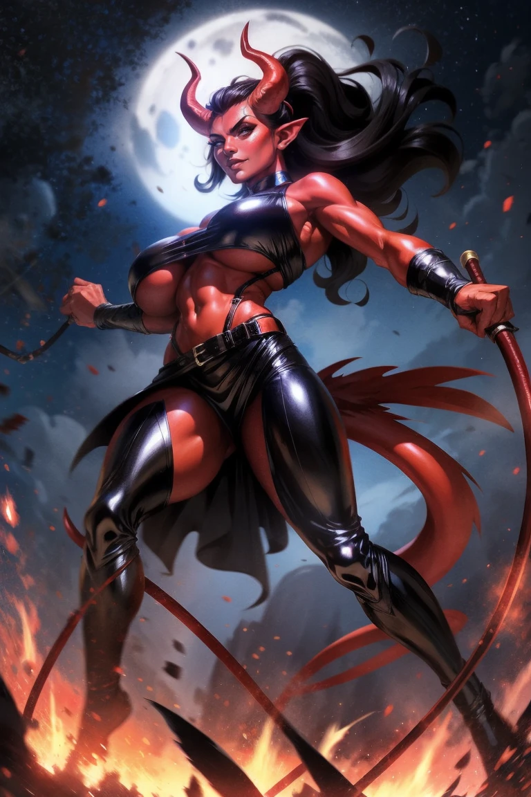 Red skin succubus tiefling, digitigrade legs, full breasts, medium breasts, black horns, wings, huge tail, black leather, crop top, long flowing pelvic curtain, tall, toned, graceful, thin, long black ponytail. Action scene, whip. Dark scene, explosions, night sky.