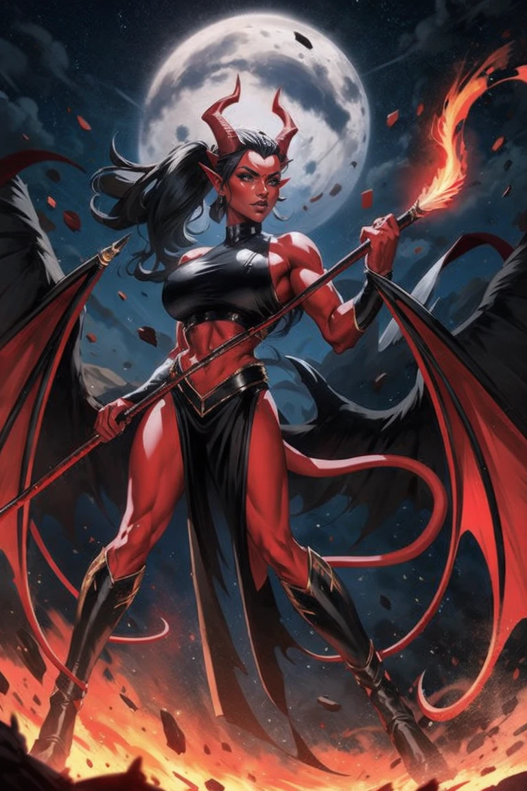Red skin succubus tiefling, digitigrade legs, full breasts, medium breasts, black horns, wings, huge tail, black leather, crop top, long flowing pelvic curtain, tall, toned, graceful, thin, long black ponytail. Action scene, whip. Dark scene, explosions, night sky.