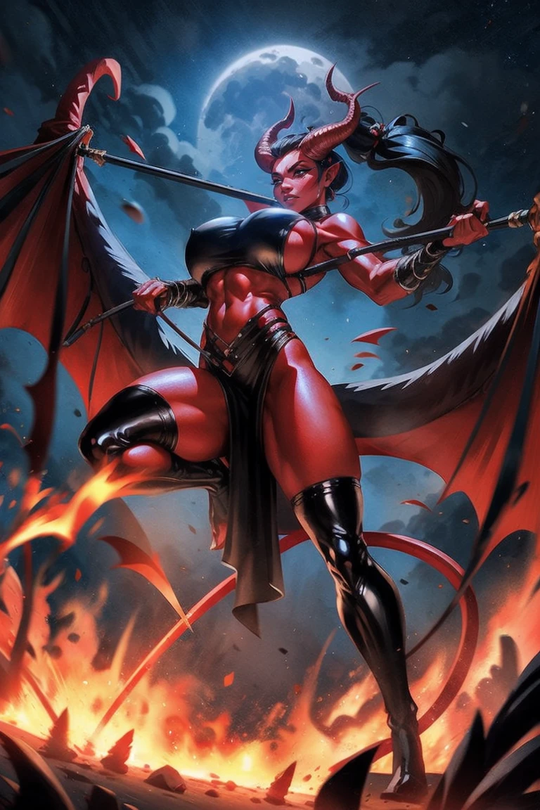 Red skin succubus tiefling, digitigrade legs, full breasts, medium breasts, black horns, wings, huge tail, black leather, crop top, long flowing pelvic curtain, tall, toned, graceful, thin, long black ponytail. Action scene, whip. Dark scene, explosions, night sky.