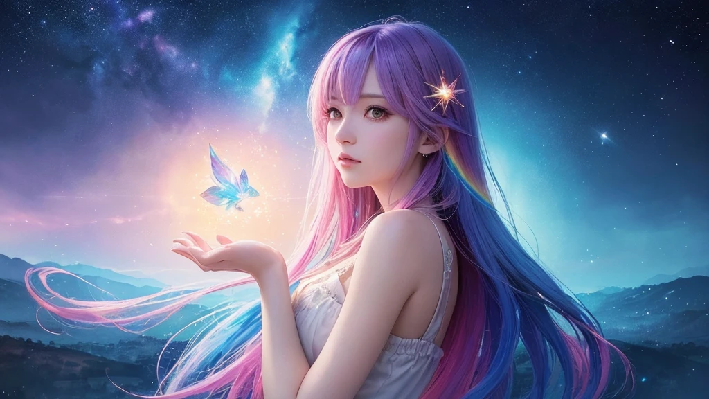 (masterpiece, top quality, best quality,watercolor (medium),official art, beautiful and aesthetic:1.2),(1girl:1.3), (fractal art:1.3),upper body, from side, looking at viewer,patterns,(rainbow color Hair,colorful hair,half blue and half pink hair:1.2),water,liquid, cloud,colorful, starry,stars,,moon,star night, "Generate an image of the character with the background changed to a fantastical night scene, like Orihime, featuring a mystical and dreamlike atmosphere with a luminous moon, sparkling stars, and an ethereal glow."