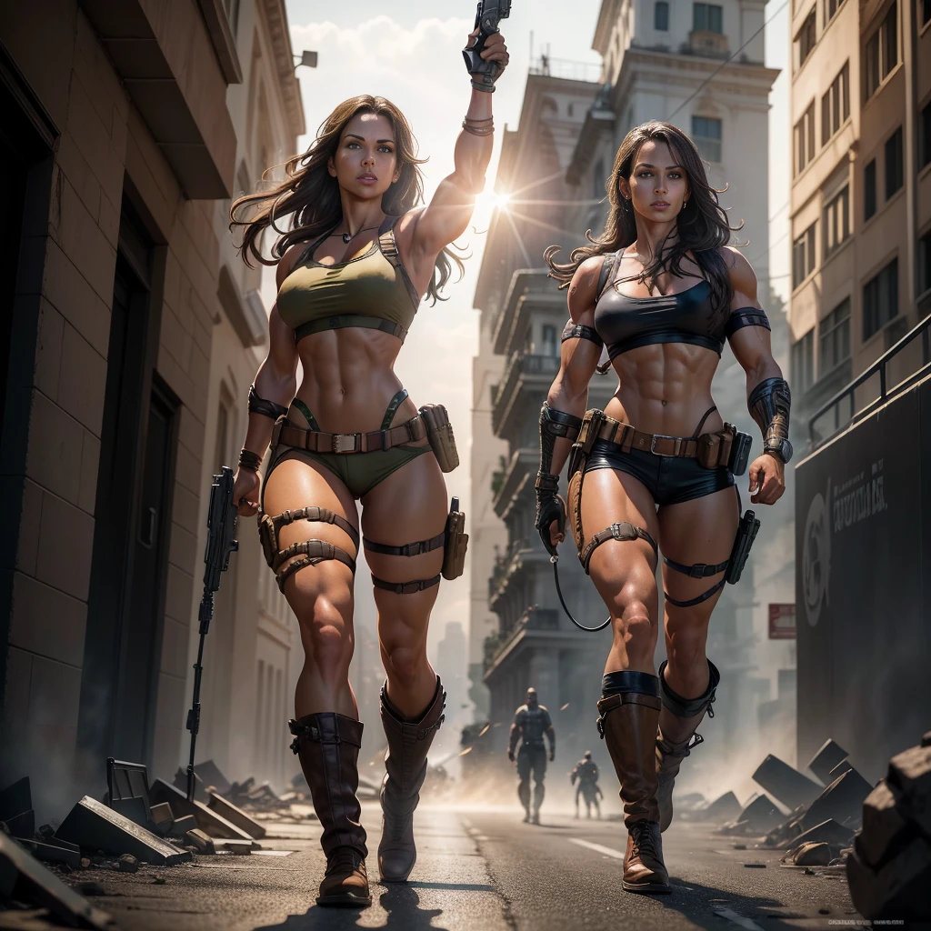 Image of muscular DC COMICS Lara Croft, human body, human anatomy, holding a gun with his right hand, left hand closed, costume identical to that of DC COMICS, with cyborg details, showing full body, perfect face, perfect boots, laser beams coming out from your eyes, highly detailed, super definition, 8k, showing the statue of Christ the Redeemer in the city of Rio de Janeiro January in flames. Cinematic image.