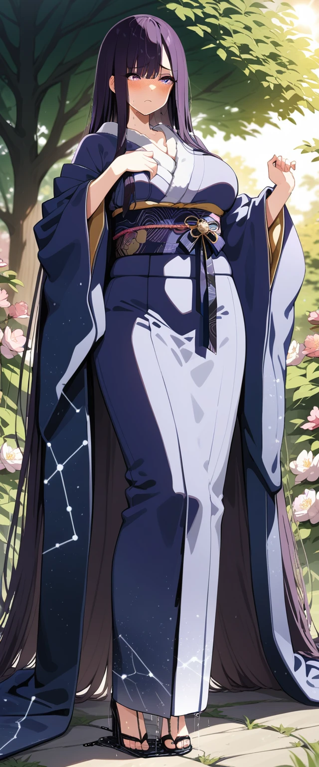 (masterpiece:1.37), best quality, (extremely detailed:1.37), (1girl:1.5), woman, (mature:1.5), (adult:1.5), large breasts, very long hair, (straight hair:1.5), (very dark purple hair:1.5), purple eyes, (extremely detailed eyes:1.37), (furisode:2.0), constellation-print furisode, desperation, (wetting self:2.0), standing, embarrassed, humiliation, blushing, angry, cherry blossoms, garden, (golden hour:1.5), full body