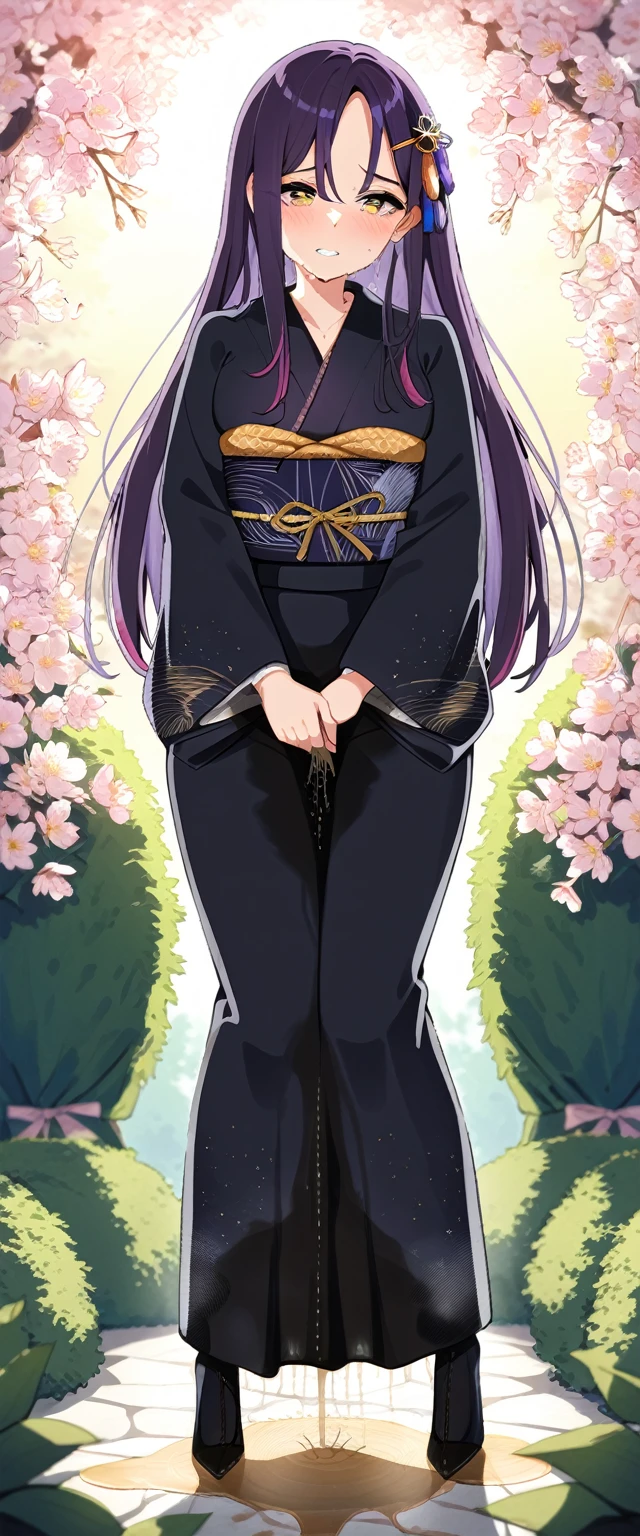 (masterpiece:1.37), best quality, (extremely detailed:1.37), (1girl:1.5), woman, (mature:1.5), (adult:1.5), large breasts, very long hair, (straight hair:1.5), (very dark purple hair:1.5), purple eyes, (extremely detailed eyes:1.37), (furisode:2.0), constellation-print furisode, desperation, (wetting self:2.0), standing, embarrassed, humiliation, blushing, angry, cherry blossoms, garden, (golden hour:1.5), full body