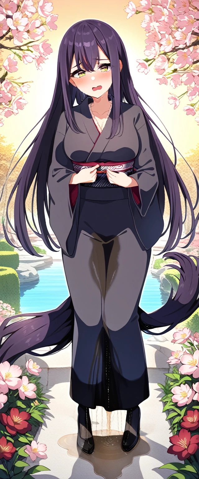 (masterpiece:1.37), best quality, (extremely detailed:1.37), (1girl:1.5), woman, (mature:1.5), (adult:1.5), large breasts, very long hair, (straight hair:1.5), (very dark purple hair:1.5), purple eyes, (extremely detailed eyes:1.37), (furisode:2.0), constellation-print furisode, desperation, (wetting self:2.0), standing, embarrassed, humiliation, blushing, angry, cherry blossoms, garden, (golden hour:1.5), full body