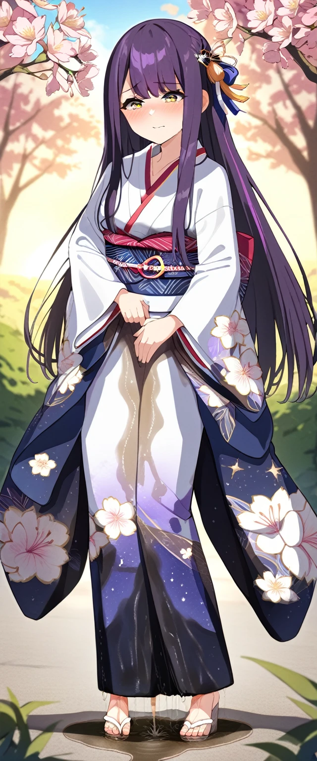 (masterpiece:1.37), best quality, (extremely detailed:1.37), (1girl:1.5), woman, (mature:1.5), (adult:1.5), large breasts, very long hair, (straight hair:1.5), (very dark purple hair:1.5), purple eyes, (extremely detailed eyes:1.37), (furisode:2.0), constellation-print furisode, desperation, (wetting self:2.0), standing, embarrassed, humiliation, blushing, angry, cherry blossoms, garden, (golden hour:1.5), full body