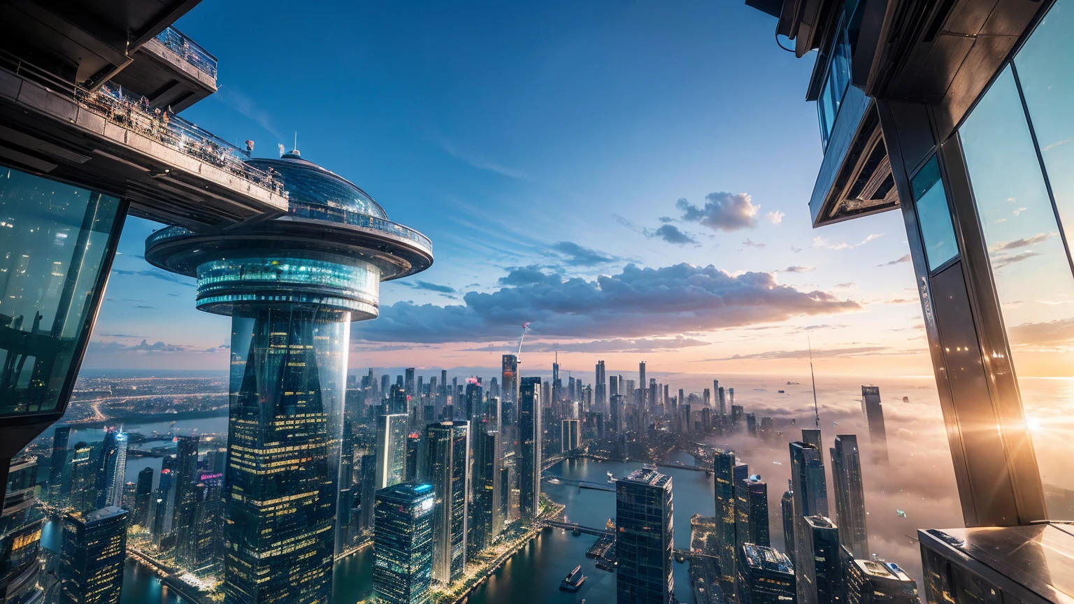 (Best quality,4K,8K,A high resolution,Masterpiece:1.2),Ultra-detailed,(Realistic,Photorealistic,photo-realistic:1.37),Futuristic floating city,Futuristic technology,Huge urban high-tech tablet platform,Airship,Floating in the sky,Futuristic city,Small airships around,High-tech hemispherical platform,Colorful lights,Advanced architecture,modernn architecture,skyscrapper,Access the cloud,Scenic beauty,view over city,Impressive design,Blend seamlessly with nature,energetic and vibrant atmosphere,Futuristic transportation system,Parking is suspended,Transparent path,Lush greenery,Sky gardens,cascading waterfalls,Magnificent skyline,reflections on the water,Sparkling river,Architectural innovation,futuristic skyscrapers,Transparent dome,The shape of the building is unusual,Elevated walkway,Impressive skyline,Glowing lights,Futuristic technology,Minimalist design,Scenic spots,Panoramic view,Cloud Piercing Tower,Vibrant colors,epic sunrise,epic sunset,Dazzling light display,magical ambiance,The future city,Urban Utopia,LuxuryLifestyle,Innovative energy,sustainable development,Smart city technology,Advanced infrastructure,Tranquil atmosphere,Nature and technology live in harmony,Awesome cityscape,Unprecedented urban planning,Architecture connects seamlessly with nature,High-tech metropolis,A cutting-edge engineering marvel,The future of urban living,Visionary architectural concept,Energy-efficient buildings,Harmony with the environment,A city floating above the clouds,Utopian dreams become reality,The possibilities are endless,State-of-the-art transportation network,Green energy integration,Innovative materials,Impressive holographic display,Advanced communication system,Breathtaking aerial view,Quiet and peaceful environment,Modernist aesthetics,Ethereal beauty
