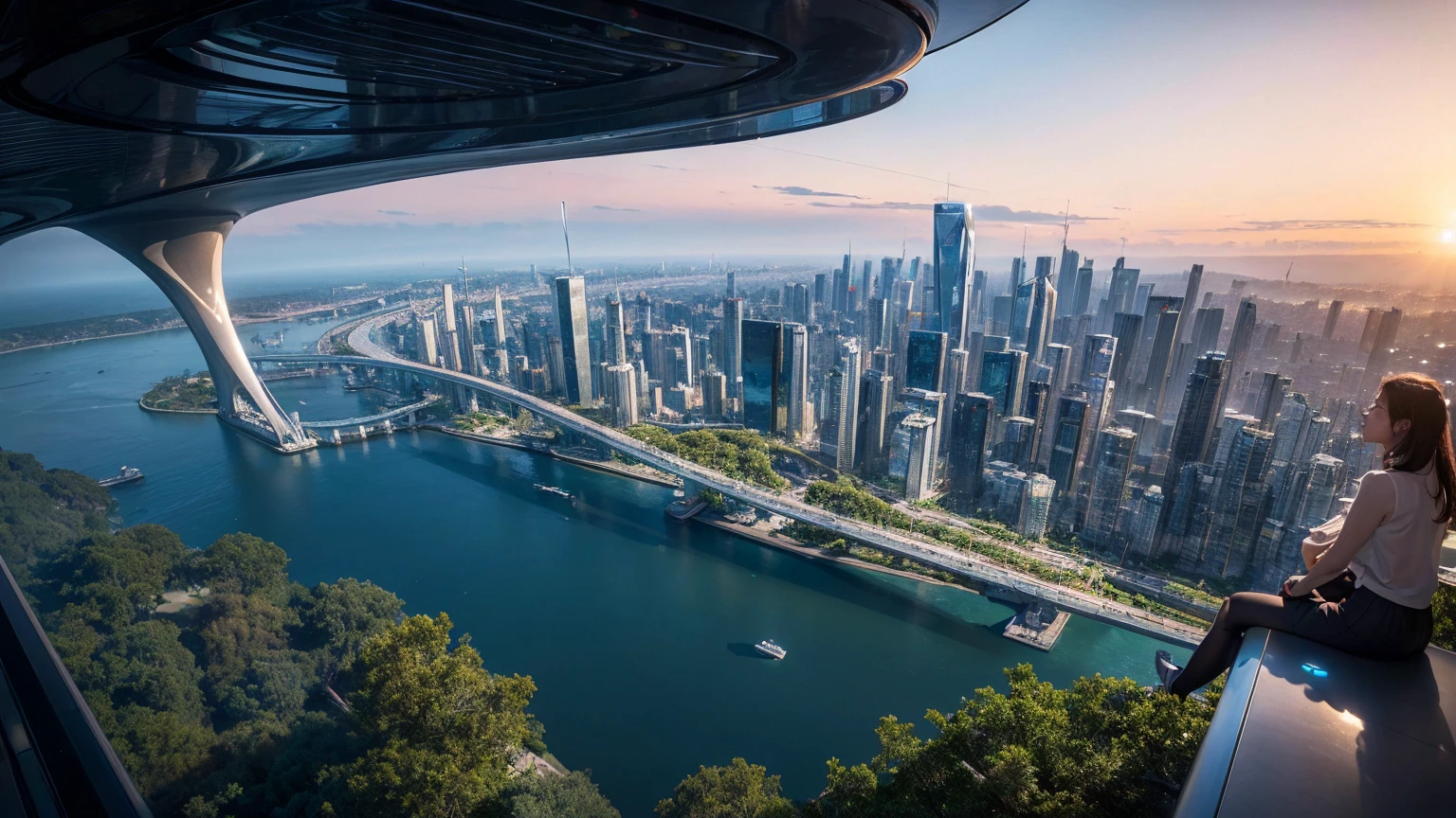 (Best quality,4K,8K,A high resolution,Masterpiece:1.2),Ultra-detailed,(Realistic,Photorealistic,photo-realistic:1.37),Futuristic floating city,Futuristic technology,Huge urban high-tech tablet platform,Airship,Floating in the sky,Futuristic city,Small airships around,High-tech hemispherical platform,Colorful lights,Advanced architecture,modernn architecture,skyscrapper,Access the cloud,Scenic beauty,view over city,Impressive design,Blend seamlessly with nature,energetic and vibrant atmosphere,Futuristic transportation system,Parking is suspended,Transparent path,Lush greenery,Sky gardens,cascading waterfalls,Magnificent skyline,reflections on the water,Sparkling river,Architectural innovation,futuristic skyscrapers,Transparent dome,The shape of the building is unusual,Elevated walkway,Impressive skyline,Glowing lights,Futuristic technology,Minimalist design,Scenic spots,Panoramic view,Cloud Piercing Tower,Vibrant colors,epic sunrise,epic sunset,Dazzling light display,magical ambiance,The future city,Urban Utopia,LuxuryLifestyle,Innovative energy,sustainable development,Smart city technology,Advanced infrastructure,Tranquil atmosphere,Nature and technology live in harmony,Awesome cityscape,Unprecedented urban planning,Architecture connects seamlessly with nature,High-tech metropolis,A cutting-edge engineering marvel,The future of urban living,Visionary architectural concept,Energy-efficient buildings,Harmony with the environment,A city floating above the clouds,Utopian dreams become reality,The possibilities are endless,State-of-the-art transportation network,Green energy integration,Innovative materials,Impressive holographic display,Advanced communication system,Breathtaking aerial view,Quiet and peaceful environment,Modernist aesthetics,Ethereal beauty