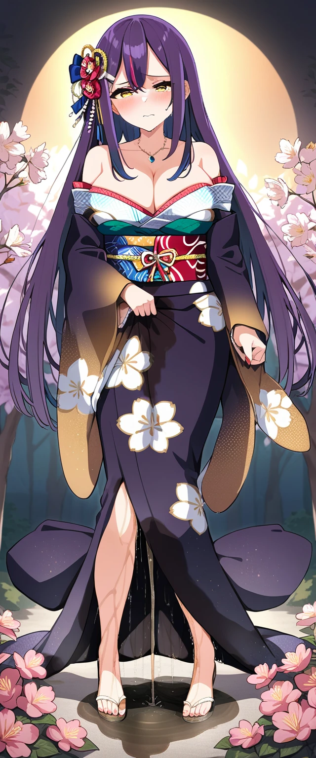 (masterpiece:1.37), best quality, (extremely detailed:1.37), (1girl:1.5), woman, (mature:1.5), (adult:1.5), large breasts, very long hair, (straight hair:1.5), (very dark purple hair:1.5), purple eyes, (extremely detailed eyes:1.37), (furisode:2.0), constellation-print furisode, desperation, (wetting self:2.0), standing, embarrassed, humiliation, blushing, angry, cherry blossoms, garden, (golden hour:1.5), full body