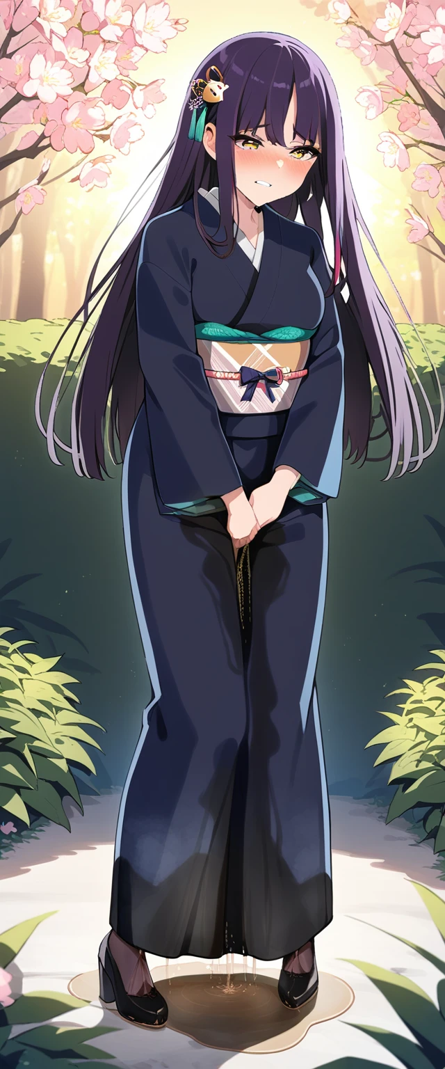 (masterpiece:1.37), best quality, (extremely detailed:1.37), (1girl:1.5), woman, (mature:1.5), (adult:1.5), large breasts, very long hair, (straight hair:1.5), (very dark purple hair:1.5), purple eyes, (extremely detailed eyes:1.37), (furisode:2.0), constellation-print furisode, desperation, (wetting self:2.0), standing, embarrassed, humiliation, blushing, angry, cherry blossoms, garden, (golden hour:1.5), full body