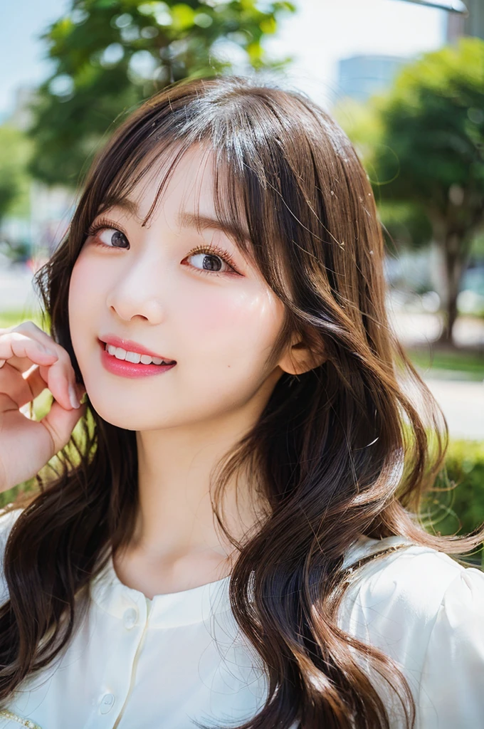 (((big laugh))), high-level image quality, 18 years old Korean girl photo, raw, cute face, (long wavy hair), ((Portrait)), ((Detailed face:1.2)), ((A detailed face Characterized by fine skin), pale skin, , (cold color), moist, reflector stay piece, (perfectly proportions)(photos realistic)(Best Quality), photographed in a Canon EOS R5, 50mm Lens, (8K), very long upper eyelashes, Very long lower eyelashes, Detailed lashes, Curled eyelashes, Natural eyes, very beautiful eyelashes