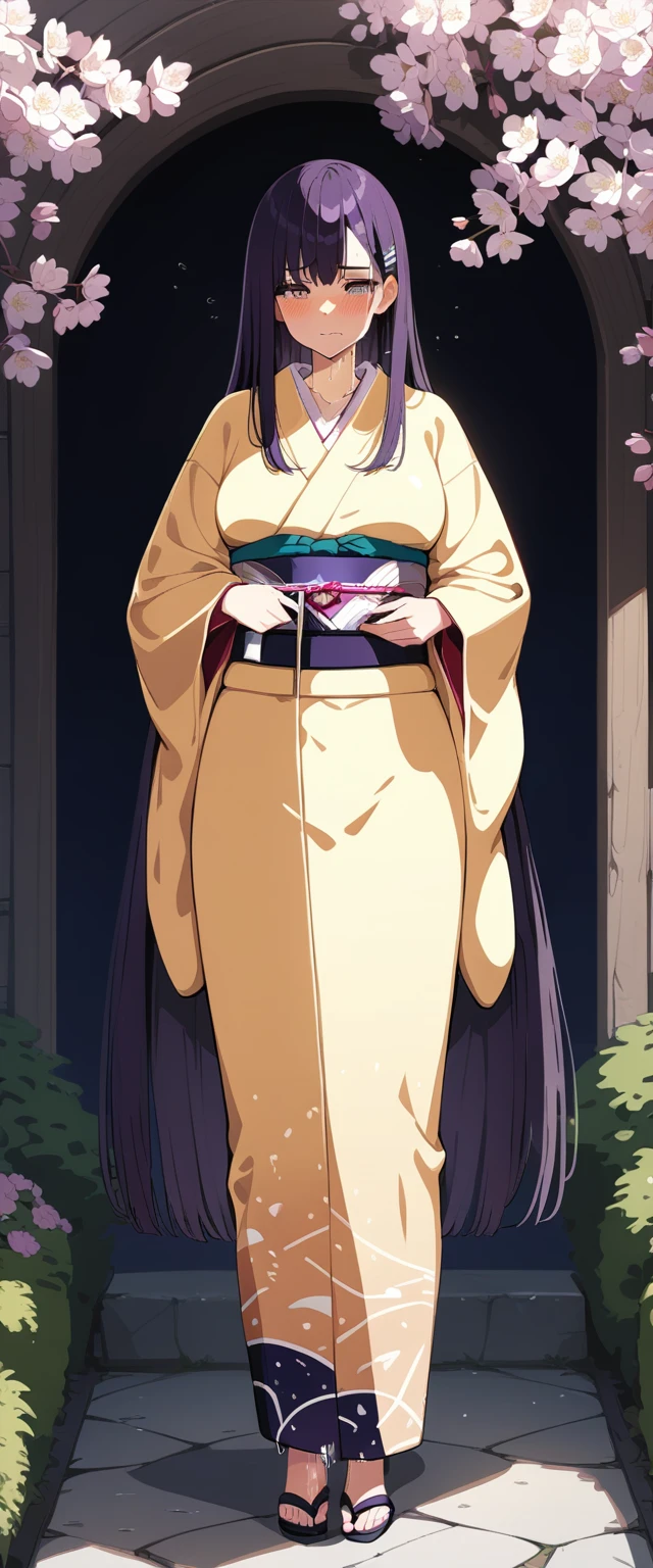 (masterpiece:1.37), best quality, (extremely detailed:1.37), (1girl:1.5), woman, (mature:1.5), (adult:1.5), large breasts, very long hair, (straight hair:1.5), (very dark purple hair:1.5), purple eyes, (extremely detailed eyes:1.37), (furisode:2.0), constellation-print furisode, desperation, (wetting self:2.0), standing, embarrassed, humiliation, blushing, angry, cherry blossoms, garden, (golden hour:1.5), full body