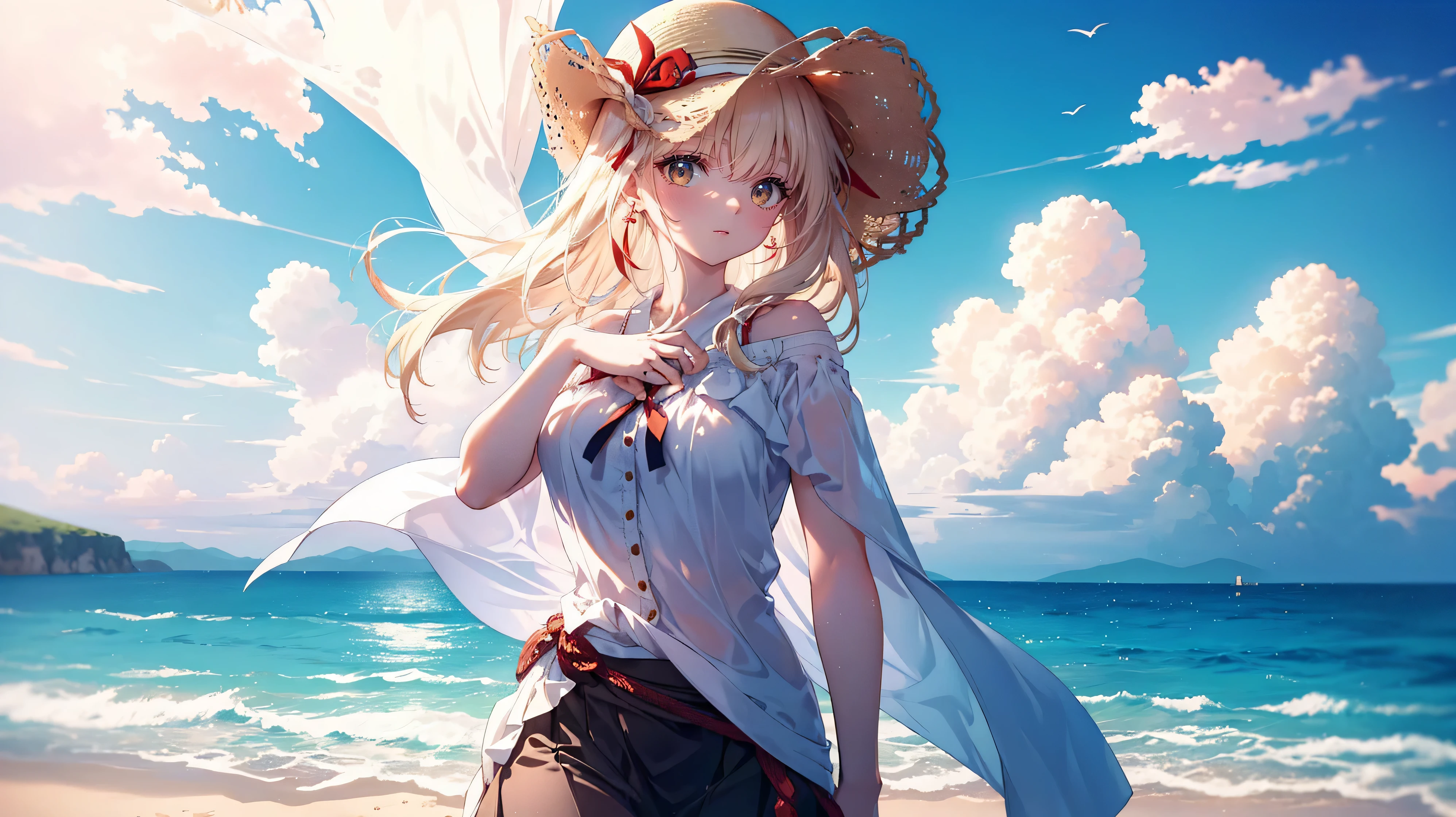 They haven't even toned it down, Nishikigi chisato,Long Hair , bangs, bionde, (Red eyes:1.5), Hair Ribbon, one side up,smile,blush,Open your mouth,Big straw hat,Off-the-shoulder dress,Long skirt,Bare neck,Bare shoulders,bare clavicle,Grab the skirt with both hands and lift it up,barefoot,While walking along the sandy beach,blonde hair swaying in the wind, True Summer,Light of the sun,
BREAK outdoors,Beach ,
BREAK looking at viewer, (Cowboy Shot:1.5),
BREAK (masterpiece:1.2), Highest quality, High resolution, unity 8k wallpaper, (shape:0.8), (Fine and beautiful eyes:1.6), Highly detailed face, Perfect lighting, Highly detailed CG, (Perfect hands, Perfect Anatomy),