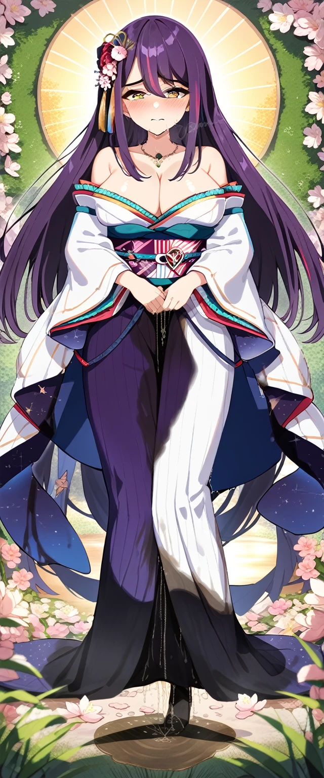 (masterpiece:1.37), best quality, (extremely detailed:1.37), (1girl:1.5), woman, (mature:1.5), (adult:1.5), large breasts, very long hair, (straight hair:1.5), (very dark purple hair:1.5), purple eyes, (extremely detailed eyes:1.37), (furisode:2.0), constellation-print furisode, desperation, (wetting self:2.0), standing, embarrassed, humiliation, blushing, angry, cherry blossoms, garden, (golden hour:1.5), full body