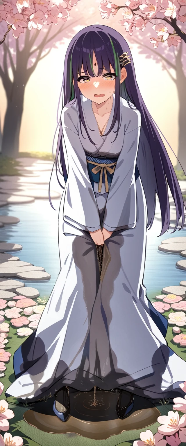 (masterpiece:1.37), best quality, (extremely detailed:1.37), (1girl:1.5), woman, (mature:1.5), (adult:1.5), large breasts, very long hair, (straight hair:1.5), (very dark purple hair:1.5), purple eyes, (extremely detailed eyes:1.37), (furisode:2.0), constellation-print furisode, desperation, (wetting self:2.0), standing, embarrassed, humiliation, blushing, angry, cherry blossoms, garden, (golden hour:1.5), full body