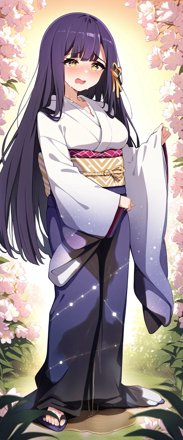 (masterpiece:1.37), best quality, (extremely detailed:1.37), (1girl:1.5), woman, (mature:1.5), (adult:1.5), large breasts, very long hair, (straight hair:1.5), (very dark purple hair:1.5), purple eyes, (extremely detailed eyes:1.37), (furisode:2.0), constellation-print furisode, desperation, (wetting self:2.0), standing, embarrassed, humiliation, blushing, angry, cherry blossoms, garden, (golden hour:1.5), full body