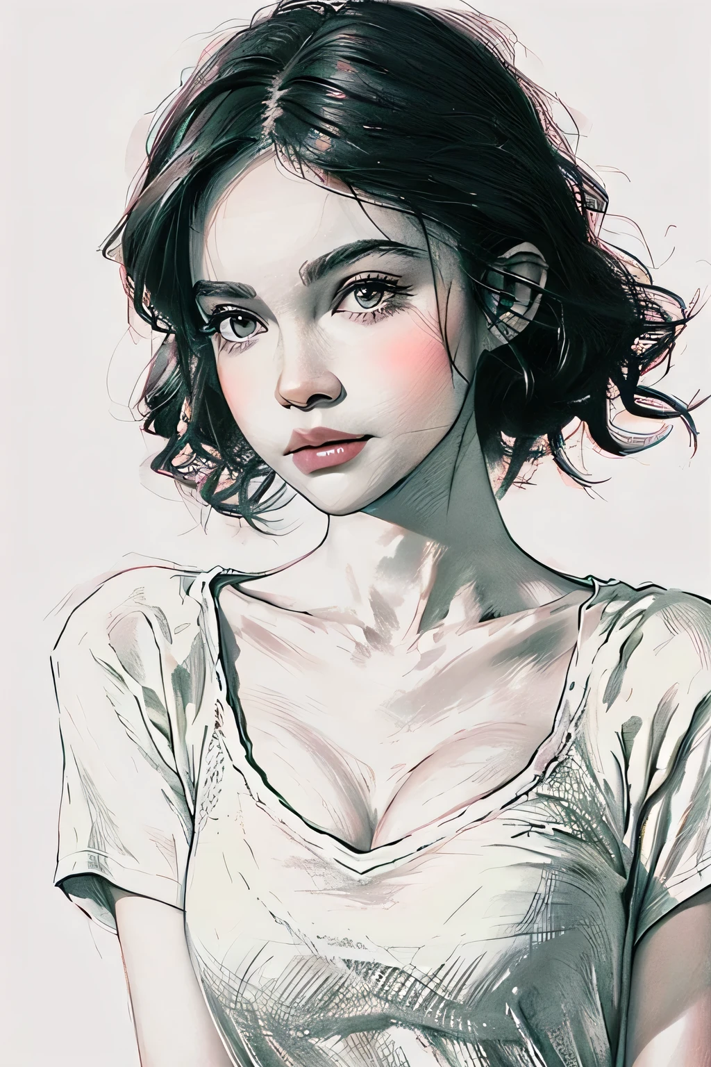 portrait,Sketch,monochrome,Grayscale,((blush)),1 girl,((cowboy shot)),((close up)), ((Closed mouth)), short hair,White T-shirt, big breasts, View viewer,standing,Upper part of the body, ((simple background)),White background,