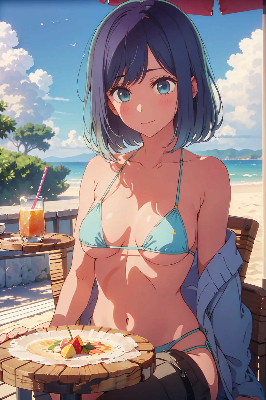 (Highest quality:1.4、masterpiece:1.4、Super detailed:1.4、8K:1.4)、((((1 person、Surprised expression、sit、Outdoor café terrace、coastal、juice、table、Sandy Beach、juiceのグラスを持つ、Micro Bikini、Very soft boobs、Big eyes、Very cute face))))、(golden hour:1.4)、F cup bust、Medium breast、Underboob、Sideboob