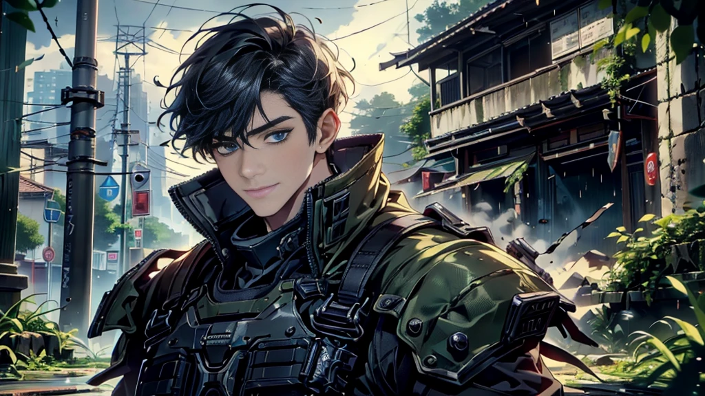 "best quality , High quality , The best details ,Masterpiece, High qualityสุด, Heavy rain, battlefield, realistic, 1 person, mature man,solemn face, A quiet and charming young man, 30 years old, smile, gag, Portrait, Highly detailed face, 寒さとsmile, ((blue eyes)), ((short hairสีดำ)), [Thick eyebrows],,1 man,alone,dark black hair,short hair,short hairสีดำ,buzz cut,beautiful eyes,blue eyes,black gloves, soldier, headset,black dress, Weight-bearing vest, sling,Wear epTactical,High Boots,Assault Rifle(AK102),ถือAssault Rifleสีดำ,aimed at the audience,ruins,electricity,destroyed building,Debris,Heavy rain,Masterpiece,best quality,Very detailed,