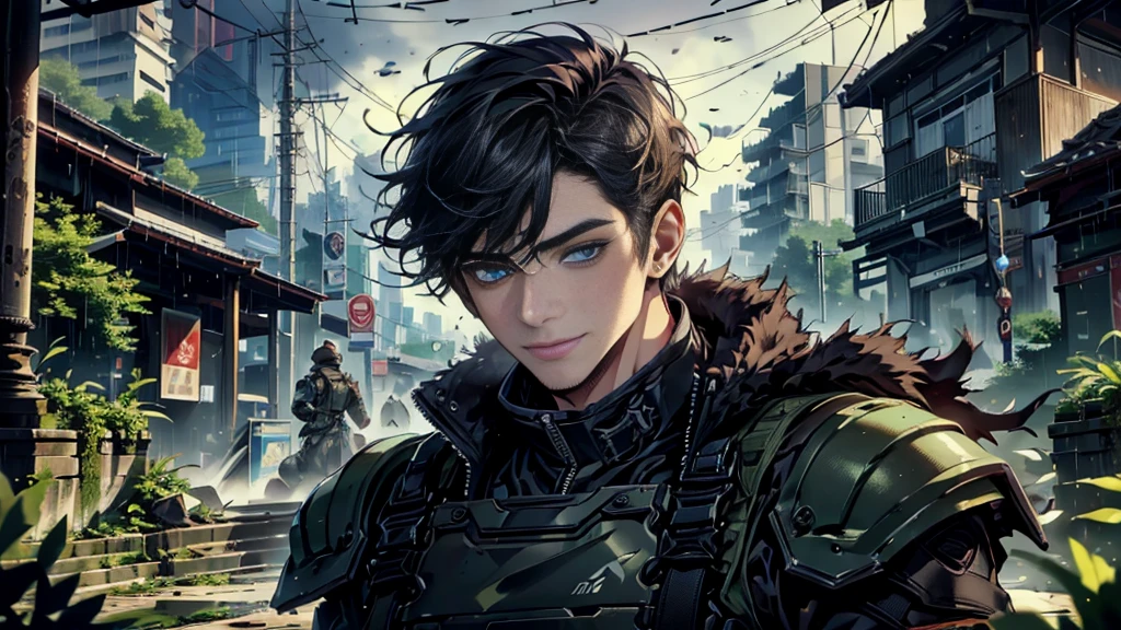 "best quality , High quality , The best details ,Masterpiece, High qualityสุด, Heavy rain, battlefield, realistic, 1 person, mature man,solemn face, A quiet and charming young man, 30 years old, smile, gag, Portrait, Highly detailed face, 寒さとsmile, ((blue eyes)), ((short hairสีดำ)), [Thick eyebrows],,1 man,alone,dark black hair,short hair,short hairสีดำ,buzz cut,beautiful eyes,blue eyes,black gloves, soldier, headset,black dress, Weight-bearing vest, sling,Wear epTactical,High Boots,Assault Rifle(AK102),ถือAssault Rifleสีดำ,aimed at the audience,ruins,electricity,destroyed building,Debris,Heavy rain,Masterpiece,best quality,Very detailed,