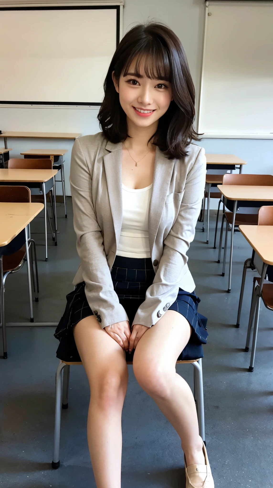School classroom,One cute girl,Japanese ,Dark Blue Blazer,Blue checked mini skirt,18-year-old,Short brown hair with side waves,The best smile,Thighs,knees,Slender girl,Thighsを広げてしゃがんでいる:1.5,my skin is beautiful,Wear black loafers,Natural Makeup,The skirt is slightly turned up,