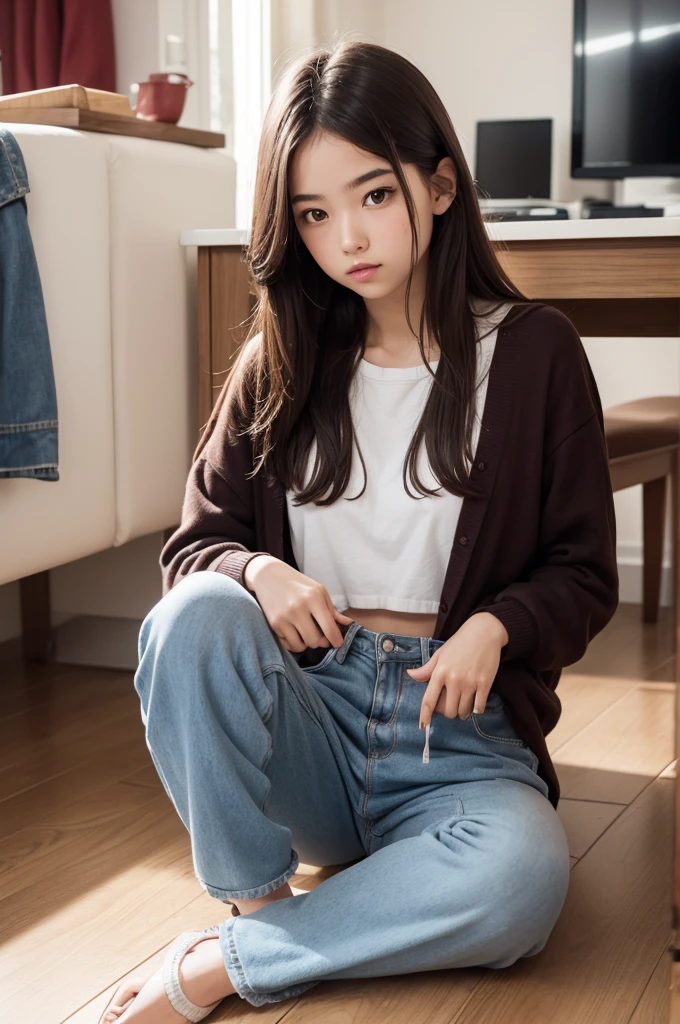 girl sitting in loose clothes and a tray in her hand 