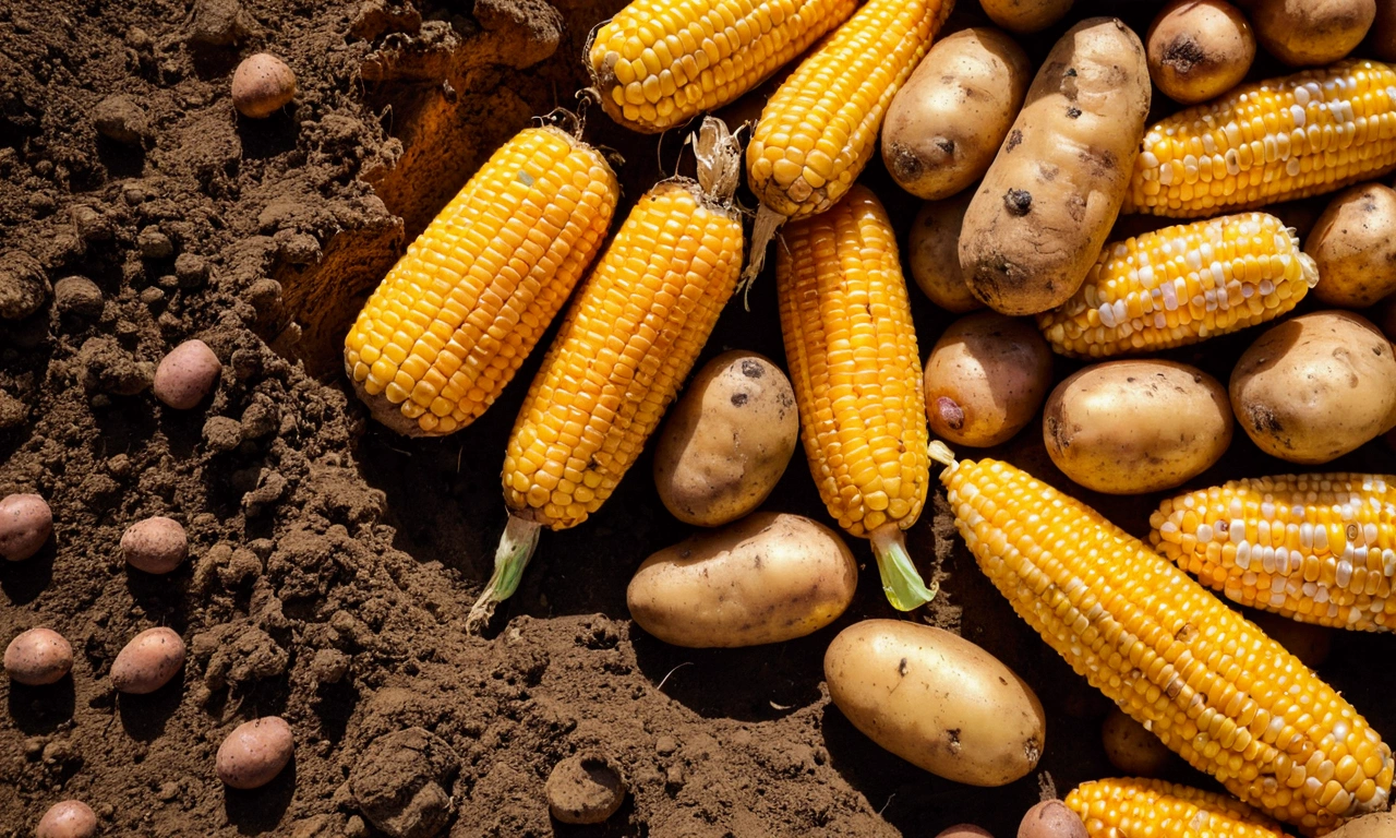 Close up of freshly dug potatoes and corn