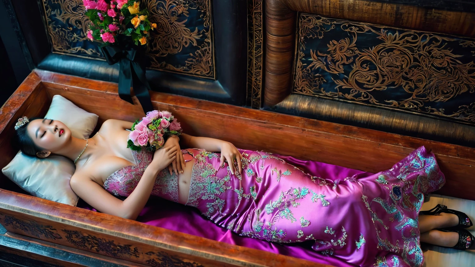 In a striking 8K HDR scene, a stunning Korean woman, 22 years old, lies peacefully in a colorful coffin surrounded by plush pillows. The deep box is set against a rich black background, accentuating the beauty of the subject. Her exquisite kebaya with sleeve attire is embroidered with superb detail, showcasing her round and firm breasts, perfect cleavage, and beautiful eyebrows. Her closed eyes and mouth give an air of serenity, while her visible and absolute cleavage leave nothing to imagination. The scene is bathed in saturated colors, highlighting every intricate aspect from the ball skirt to her clean face, straight body, detailed hand perfect hands, straight body.