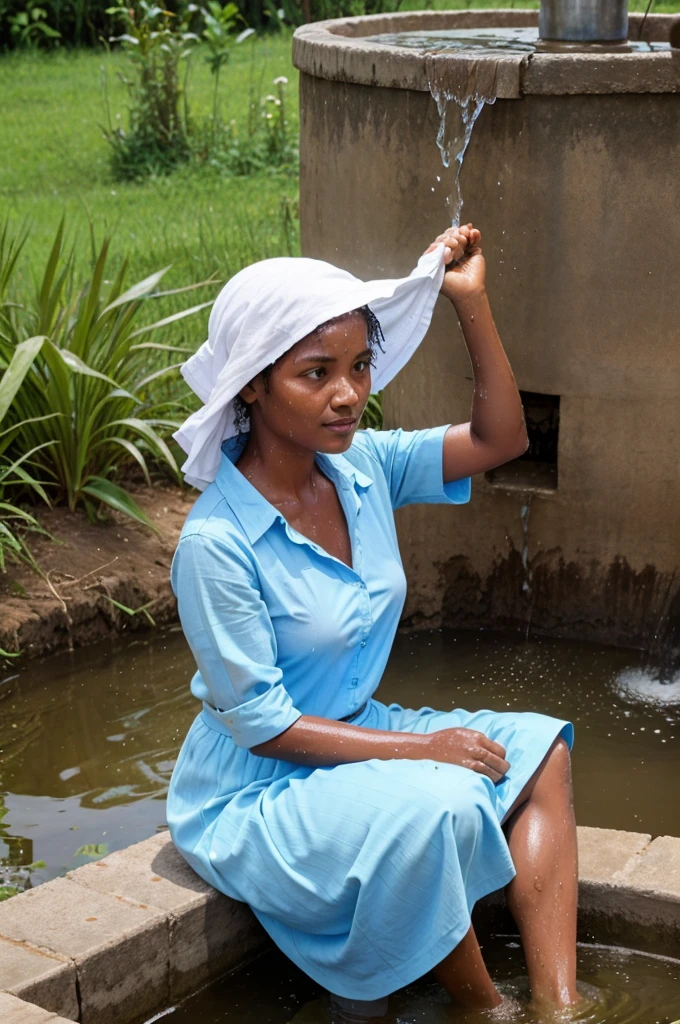 A village woman is soaking herself with water near a well.A village woman dress sky blue shirt and white skirt is soaking herself with water near a well.