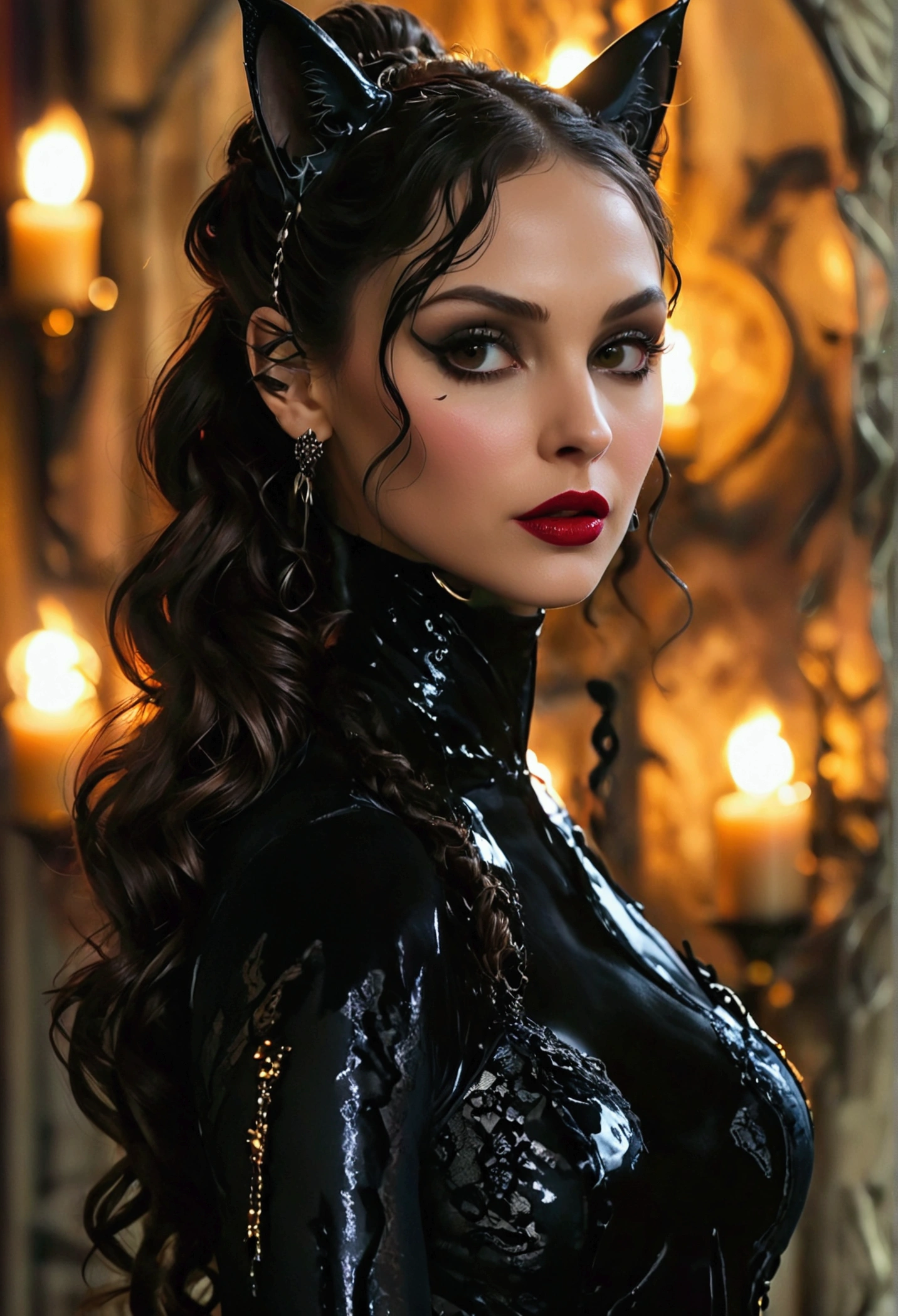 Full body shot Troian Bellisario catwoman, ringlets wavy five feet long black hair, updo hairstyle with ponytail on one side and long hairpins holding the bun long braid, strong thighs, dark red glossy lips, heavy black eye shadow long black eyeliner, long sharp claws, black lace beautiful and creative catwoman bodysuit with no jewels, huge cleavage, clear ears no earrings, no earrings, no earrings, no earrings, no jewels, beautiful forehead lace ornament, posing in a feminine catwoman den, happy expression, dark ambience night time candle lights. No faces on her chest!