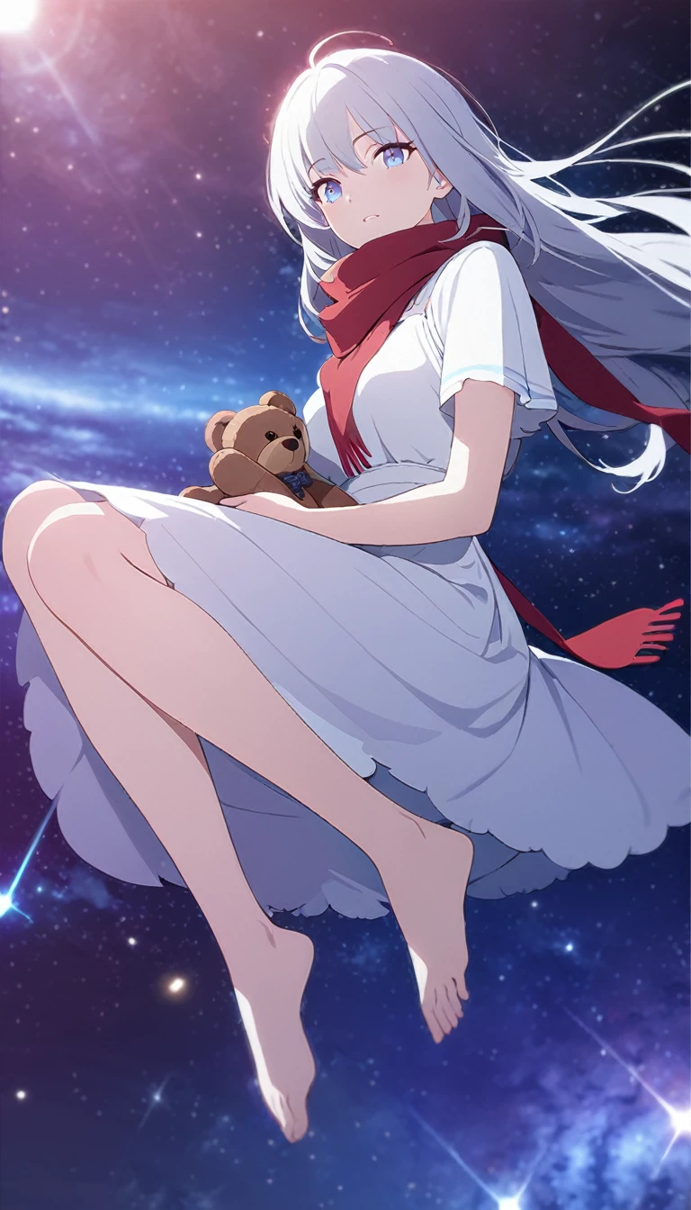 (((masterpiece))), (((best quality))),(((high detail))),light manipulation, girl with long silver hair, gradient purple to sky blue eyes, wearing a white dress, a red scarf, galaxy background, holding a teddy bear, feet, no footwear