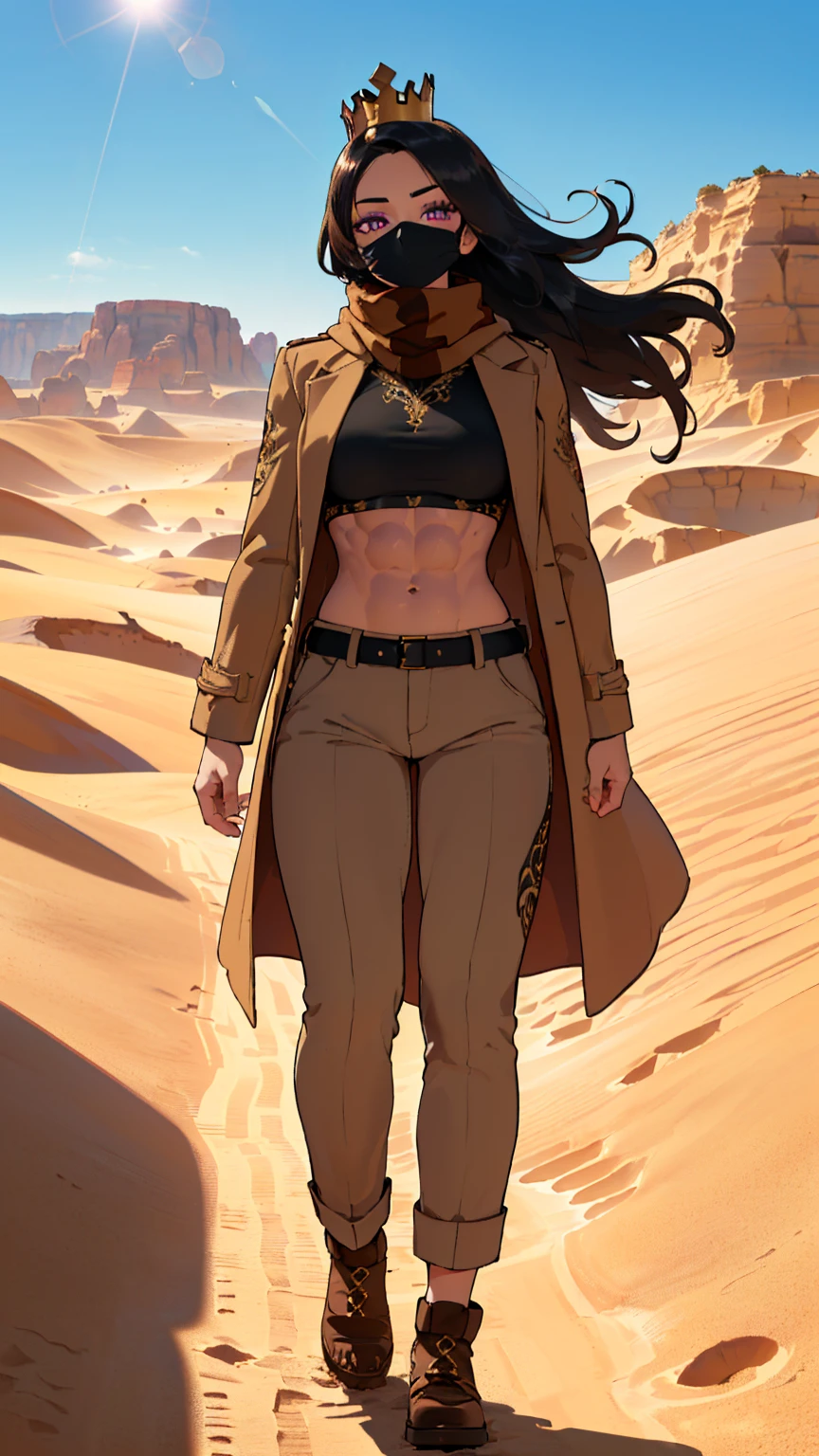masterpiece, best quality, high definition, highres, (1girl, solo:1.3), (black hair, long hair, hair swaying from the wind:1.3), (wearing mask, brown mask:1.4), (purple eyes, detailed eyes, bright pupils:1.3), (tan, dark skin:1.4), (desert coat, brown scarf, royal cloak, ornate shirt, embroidered shirt, brown pants:1.4), (she has a crown, wearing crown:1.3), (muscular, muscular female, fit:1.3), (midriff, navel, abs, stomach, toned abs:1.2), (standing, walking:1.2), (scenery, desert scenery, intricate desert background, sand mounds:1.4), (day time, warm lighting, dust particles, bokeh, lens flare:1.1),