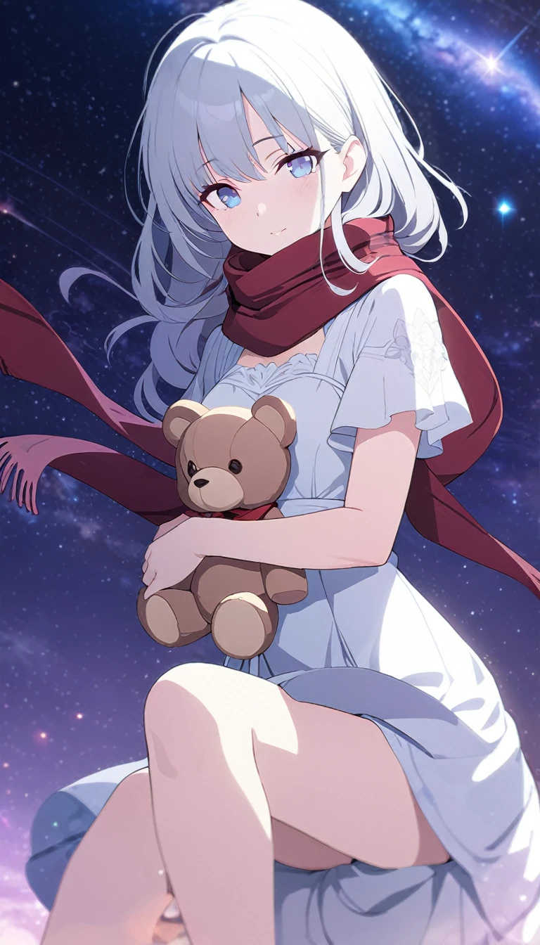 (((masterpiece))), (((best quality))),(((high detail))),light manipulation, girl with long silver hair, gradient purple to sky blue eyes, wearing a white dress, a red scarf, galaxy background, holding a teddy bear, feet, no footwear