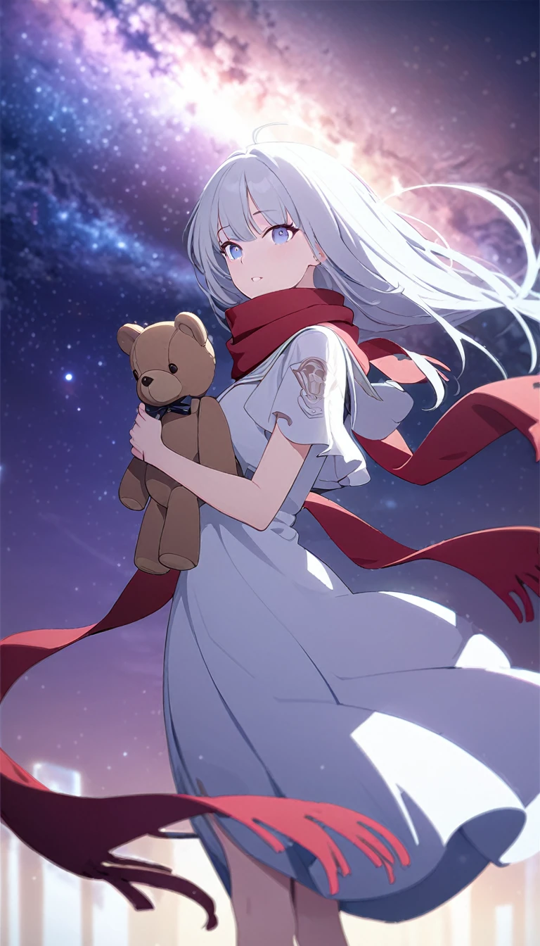 (((masterpiece))), (((best quality))),(((high detail))),light manipulation, girl with long silver hair, gradient purple to sky blue eyes, wearing a white dress, a red scarf, galaxy background, holding a teddy bear, feet, no footwear