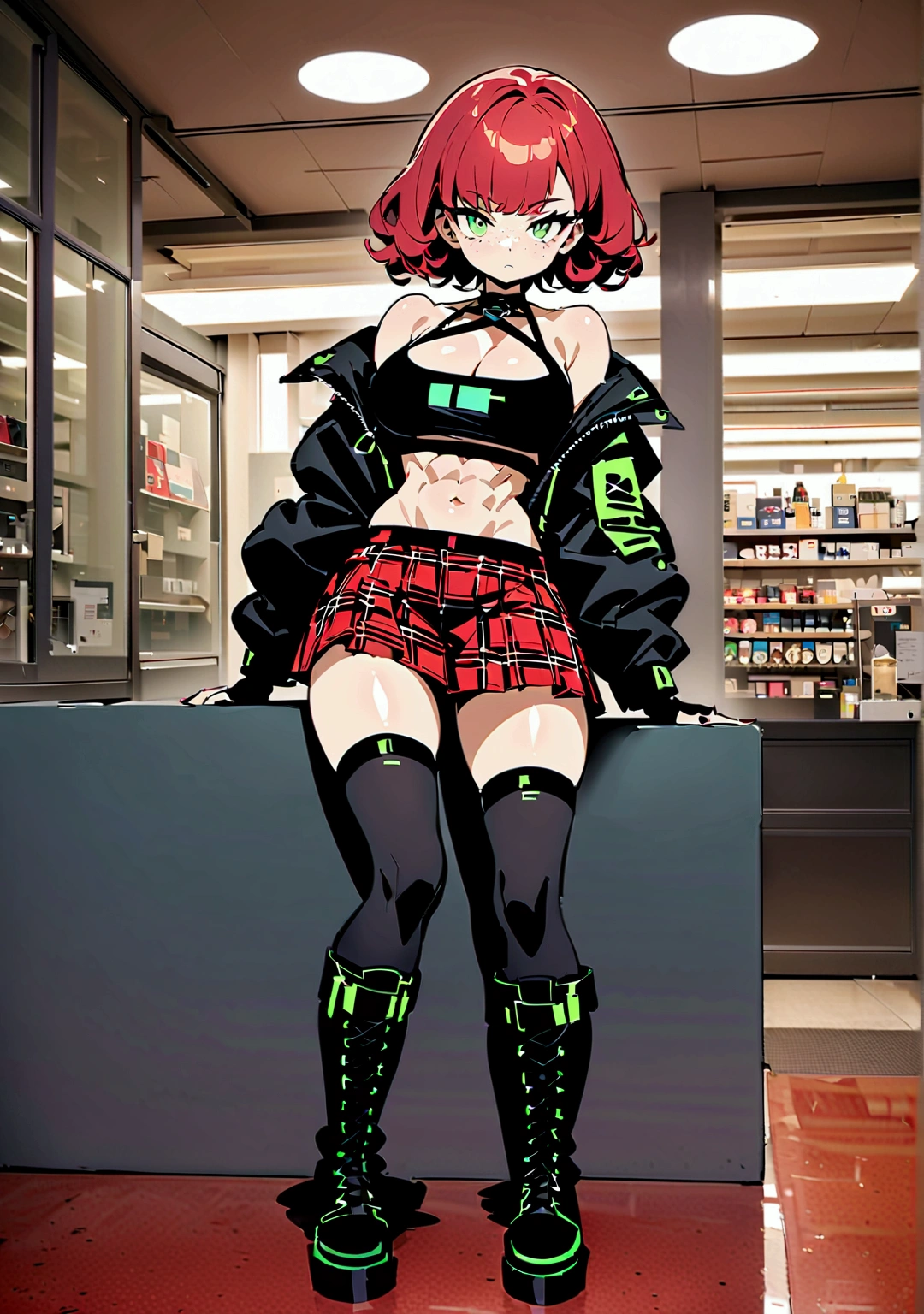 woman, curly red pixie cut hair, green eyes, wearing crop top black shirt, long black jacket, red plaid skirt, (black knee high boots), black fingerless gloves, exposed shoulders, (full body), large breasts freckles, cleavage, abs, looking at viewer, masterpiece, best quality, Holo-Punk Style