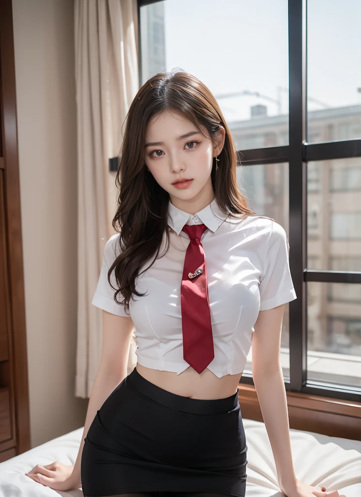(8k,best qualtiy,tmasterpiece:1.2),(realisticlying,photo-realistic:1.4),(RAW photos),Perfect details,18-year-old South Korean female model,korean beautifull girl,Goose egg face shape,Wavy curly hair,Pure desire,((Upper body:5 points shirt,Black shirt,(Small red tie),short- sleeved,Crop topping)),(private parts:Skirt that wraps hips,black in color),Wear pantyhose and sneakers,The chest is large,Chest,butt lift,Hotel,guest room,window,standing on your feet