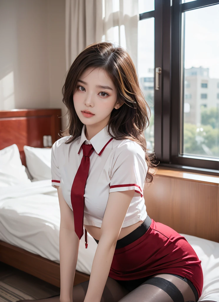(8K,best quality,masterpiece:1.2),(In reality,realistic:1.4),(RAW photos),perfect details,18-year-old South Korean female model,Korean beautiful girl,Goose egg face shape,wavy curly hair,pure desire,((upper body:5 Point Shirt,black shirt,(Little Red Tie),short sleeve,Crop topping)),(private part:Skirt that hugs the buttocks,black),Wear pantyhose and sneakers,chest이 크다,chest,Butt Lift,hotel,rooms,window,