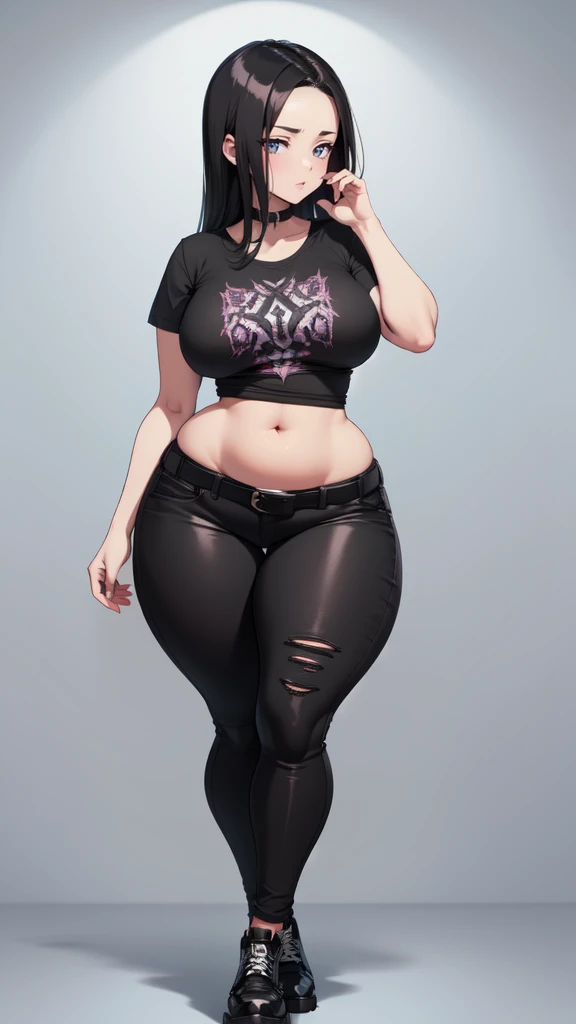 blank background, (((full body))), (masterpiece), ((best quality)), ((tall girl)), straight hair (curvy:1.6), (punk girl), shoes, belt below navel, black hair, wide hips, (black jeans), (short sleeves)