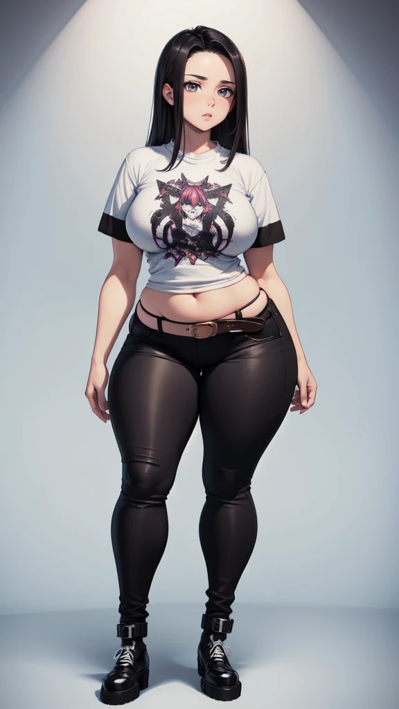 blank background, (((full body))), (masterpiece), ((best quality)), ((tall girl)), straight hair (curvy:1.6), (punk girl), shoes, belt below navel, black hair, wide hips, (black jeans), (short sleeves)