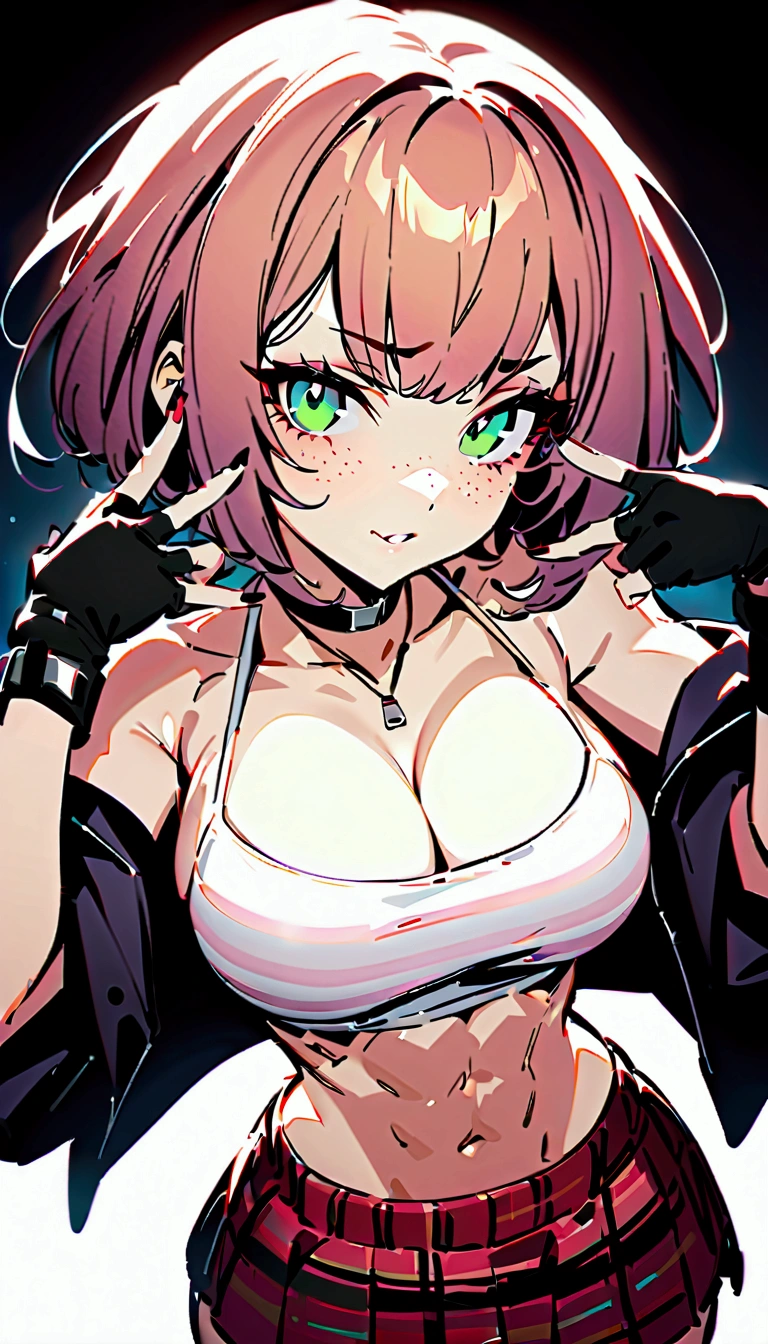 woman, curly red pixie cut hair, green eyes, wearing crop top black shirt, long black jacket, red plaid skirt, black fingerless gloves, exposed shoulders, large breasts freckles, cleavage, abs, looking at viewer, masterpiece, best quality, Holo-Punk Style