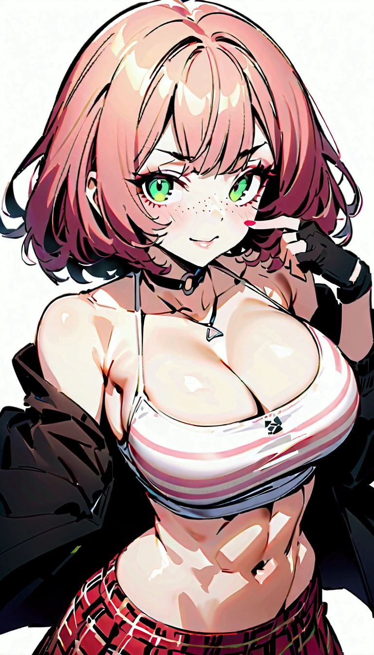 woman, curly red pixie cut hair, green eyes, wearing crop top black shirt, long black jacket, red plaid skirt, black fingerless gloves, exposed shoulders, large breasts freckles, cleavage, abs, looking at viewer, masterpiece, best quality, Holo-Punk Style