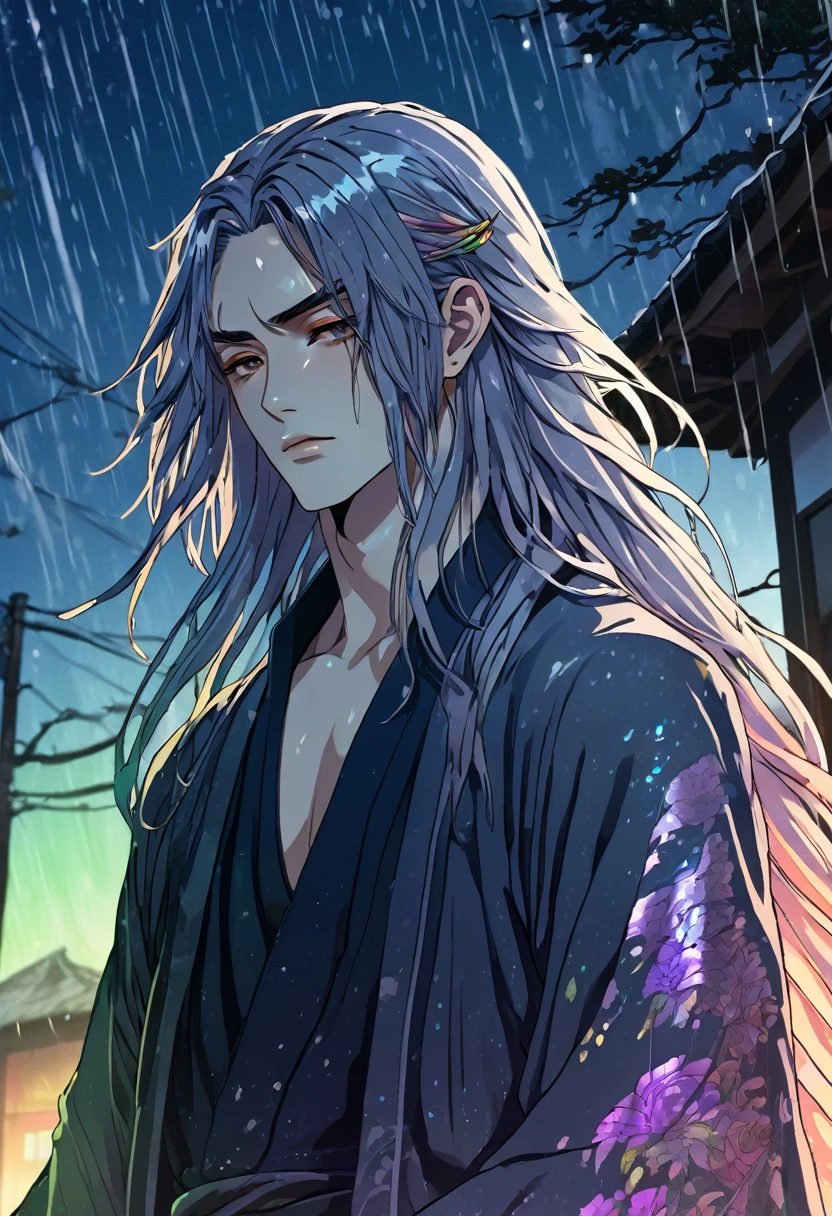 An ethereal sultryseductivedemonic 20 year old anime male druid with metallic long hair, delicate masterpiece intimate delicate etched glowing tattoos, anime druid demon male hellscape at night, manga inspired by Masashi Wakui, rainbow color palette, atmospheric fog, decay, worn textures, rain-soaked fantasy village, manga-style illustration --s 150 --ar 1:2 --c 5 Removed From Image