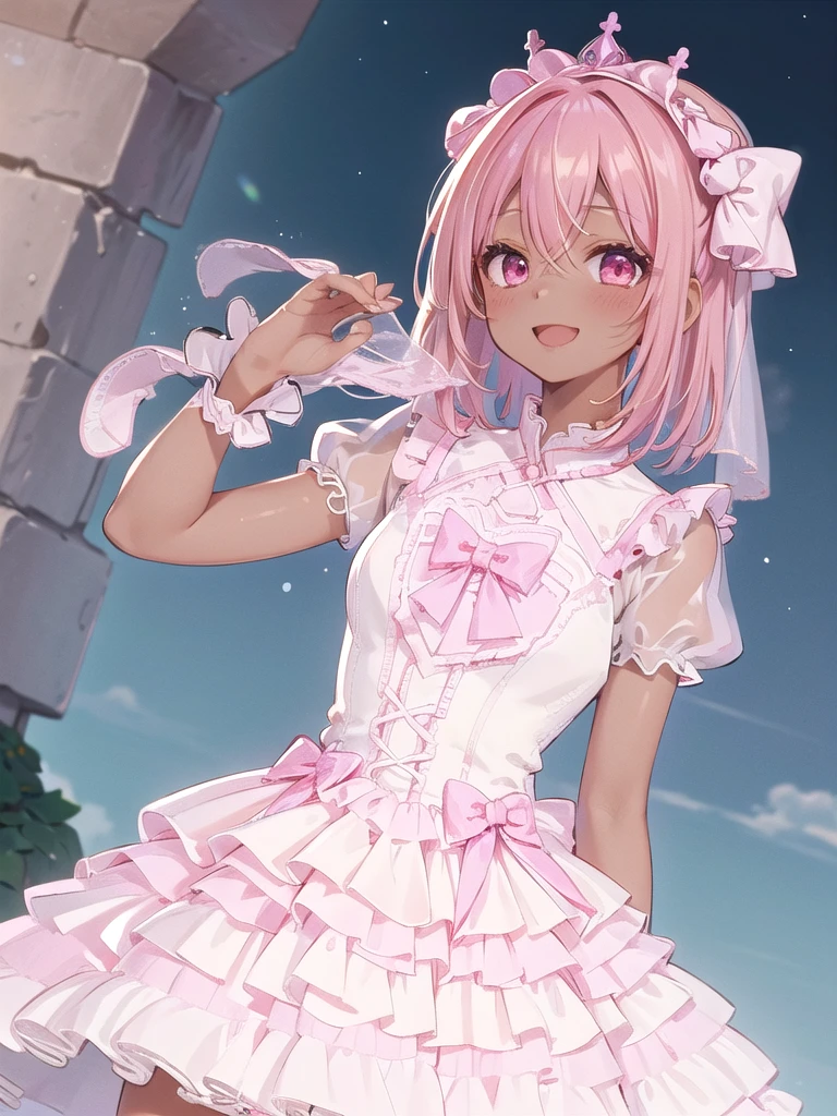 best quality, ultra-detailed, (1girl, solo,  cyb dress, pink dress, frills, see-through short sleeves, wrist cuffs ,dark skin , hair pulled back, :D,full crown hair, strawberry blonde hair), on a cliff