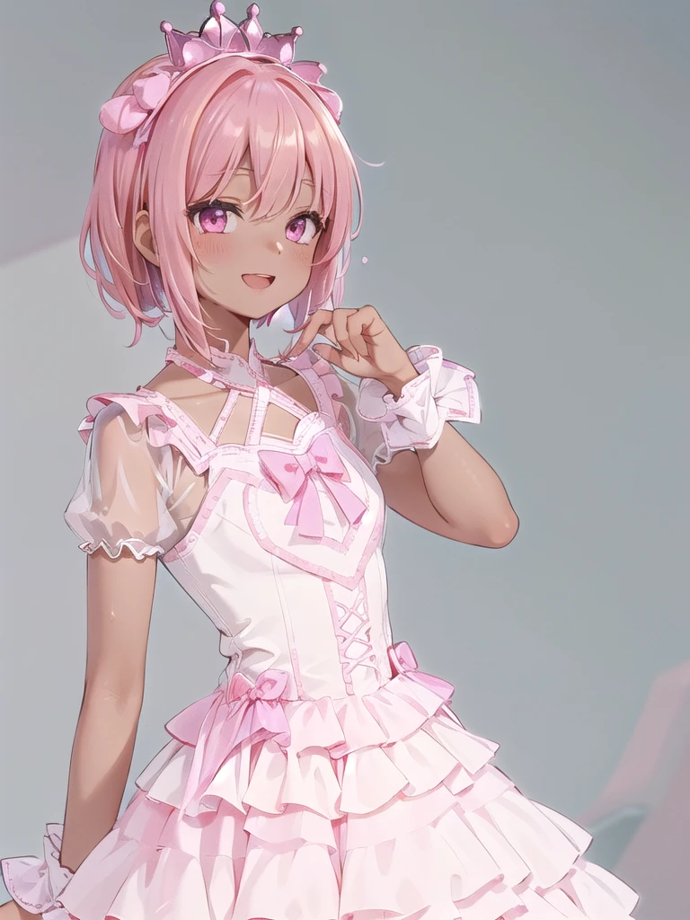 best quality, ultra-detailed, (1girl, solo,  cyb dress, pink dress, frills, see-through short sleeves, wrist cuffs ,dark skin , hair pulled back, :D,full crown hair, strawberry blonde hair), on a cliff