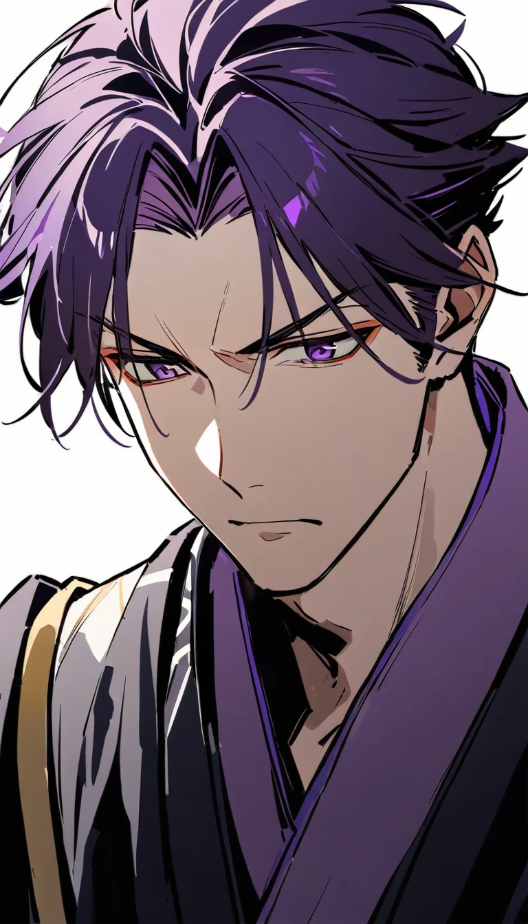 Handsome guy,  dark purple hair,  serious eyes, japanese traditional clothing