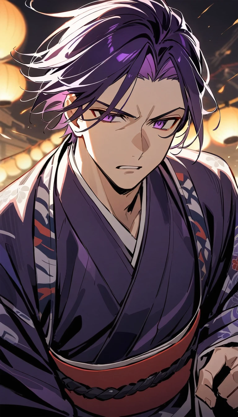 Handsome guy, dark purple hair, serious eyes, japanese traditional clothing