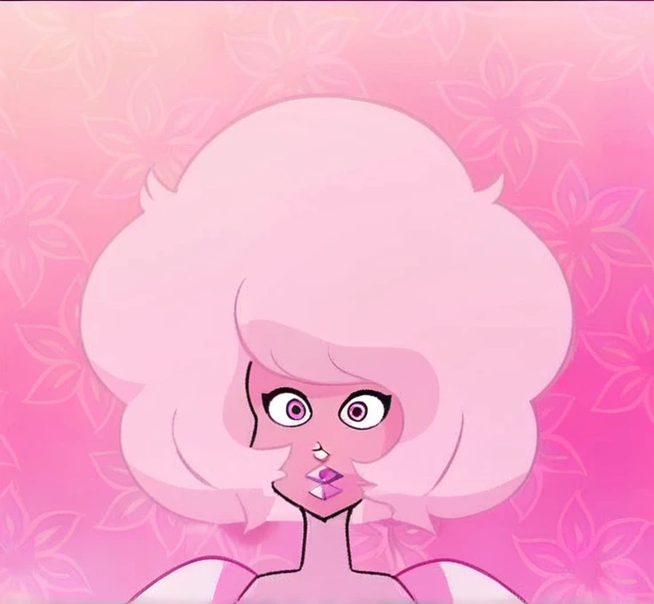 Short and voluminous hair, full lips, with an inverted faceted diamond on the belly. She wore a hot pink shirt in the shape of a pentagon around her stone., clear shoulder pads, mitts, and an incomplete tutu with white details around the edges. She also wore baggy cherry-colored shorts., white tights and pink sneakers with white pompoms at the base.