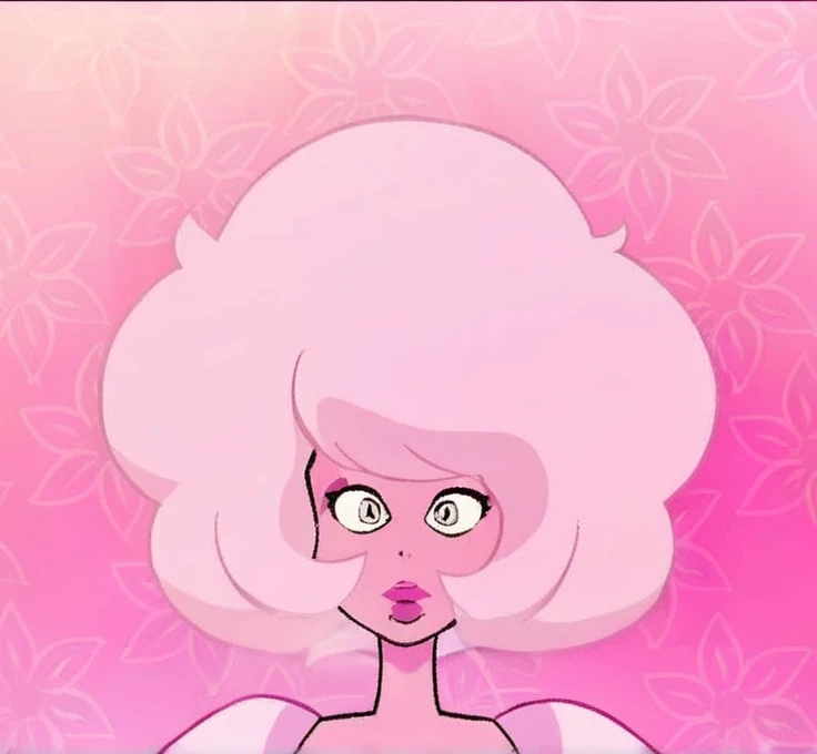 Short and voluminous hair, full lips, with an inverted faceted diamond on the belly. She wore a hot pink shirt in the shape of a pentagon around her stone., clear shoulder pads, mitts, and an incomplete tutu with white details around the edges. She also wore baggy cherry-colored shorts., white tights and pink sneakers with white pompoms at the base.