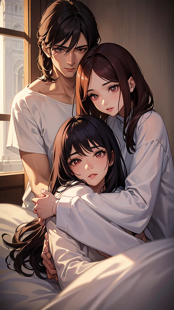 a couple hugging under the blanket, beautiful detailed eyes, beautiful detailed lips, extremely detailed eyes and face, long eyelashes, handsome man with brown hair and brown eyes, woman with medium bob cut dark red hair and red eyes, romantic intimate moment, high quality, 8k, masterpiece, hyper realistic, cinematic lighting, warm color palette, soft focus, intricate details, photorealistic, dramatic lighting, dramatic composition